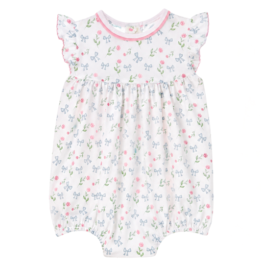 Baby girl sky blue bow and floral bubble romper with flutter sleeves on white background