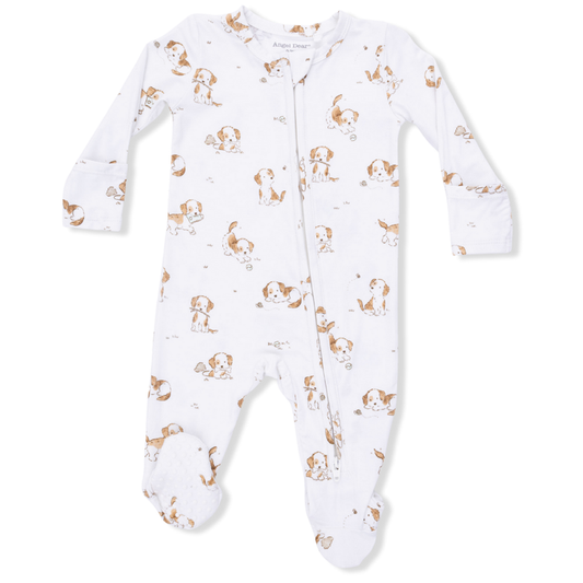 Baby footie with puppy pattern on a white background