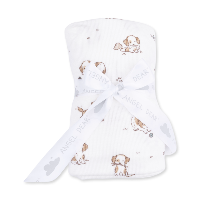 Neutral puppy baby swaddle blanket with small dog print, soft lightweight newborn blanket