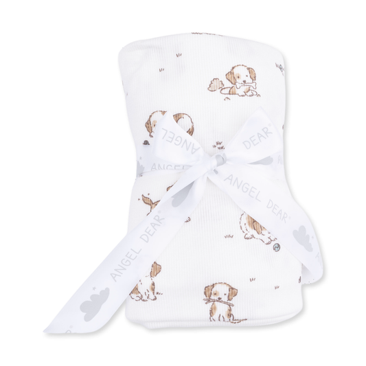 Neutral puppy baby swaddle blanket with small dog print, soft lightweight newborn blanket
