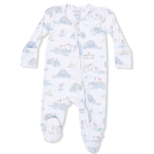 baby footie with a farm print with animals having a picnic