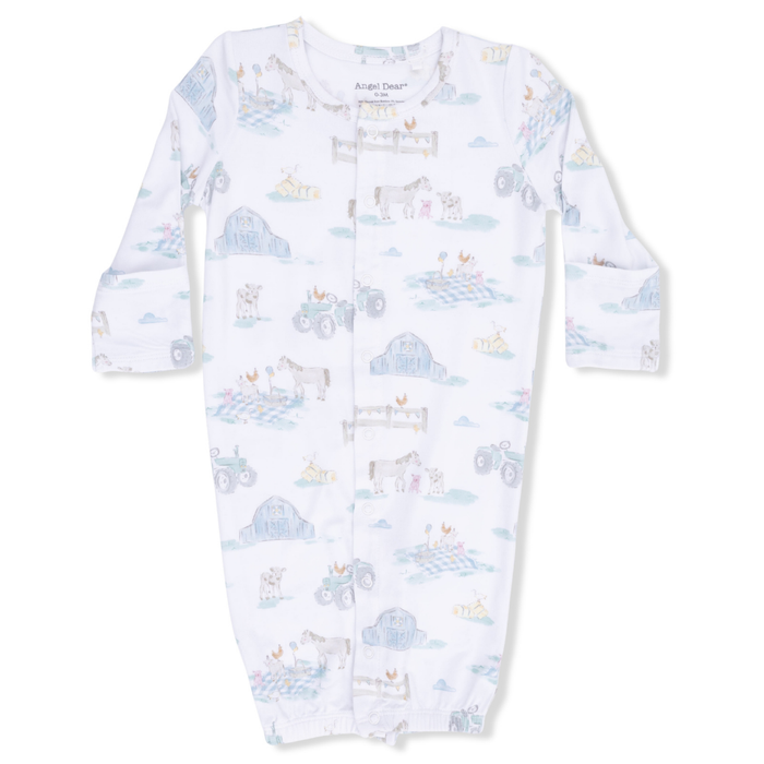 watercolor farm print having a picnic baby converter gown