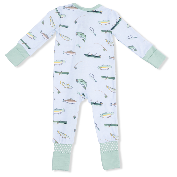 Baby onesie with fishing-themed print on a white background