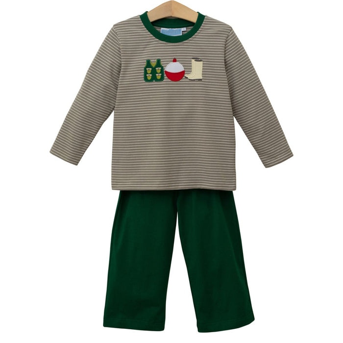 Children’s outfit with taupe striped top featuring fishing gear appliqués and green pants.