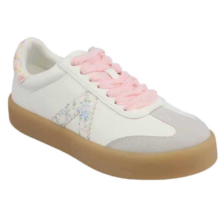 Girls cream lace-up sneaker with floral embroidery detail and gum sole side view on white background