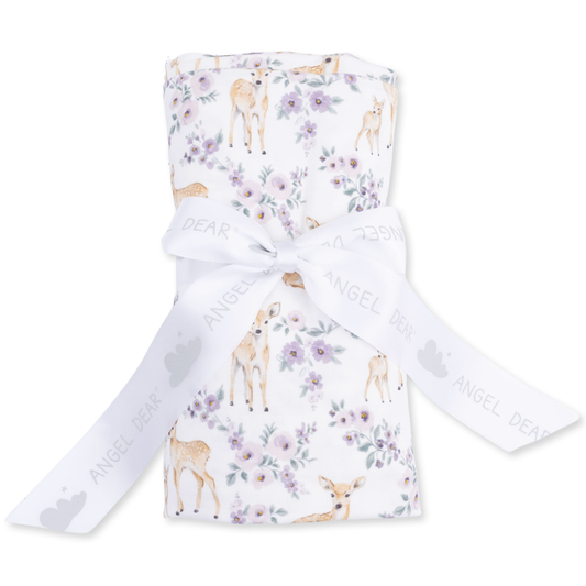 Floral deer baby swaddle blanket with fawn and lavender flower print, soft lightweight newborn blanket