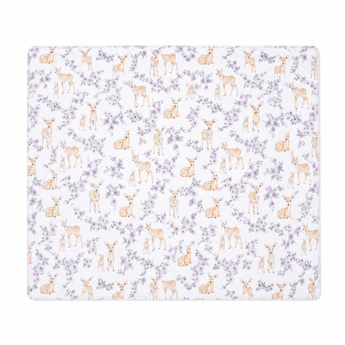 Floral deer baby swaddle blanket with fawn and lavender flower print, soft lightweight newborn blanket