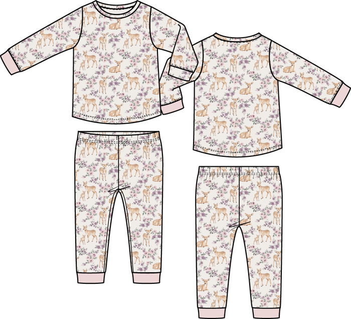 Girls loungewear set with floral deer print, long sleeve top and matching pants in soft woodland pattern