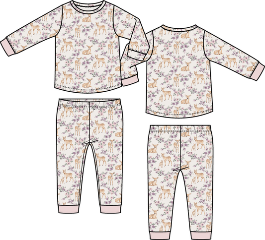 Girls loungewear set with floral deer print, long sleeve top and matching pants in soft woodland pattern