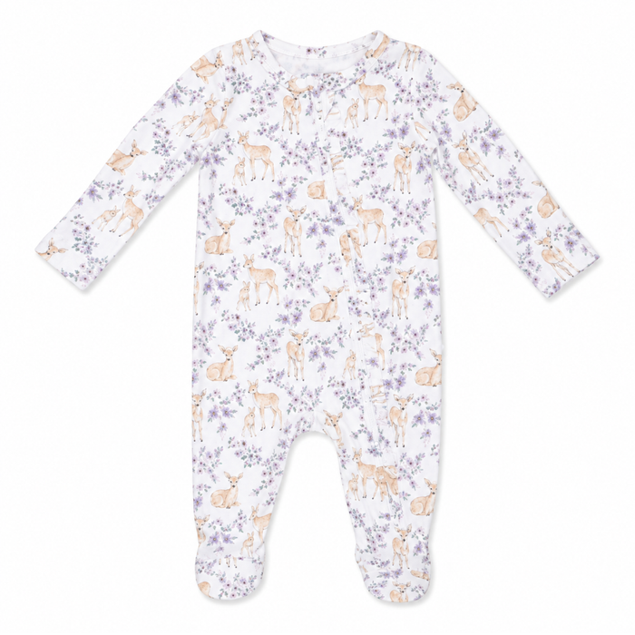 Floral deer baby footie with zipper closure, ruffle back detail, and footed design