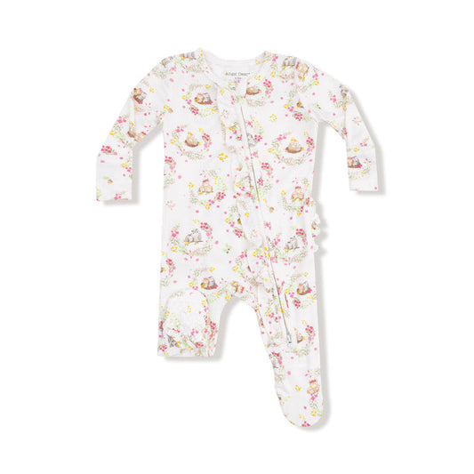 Baby footie with floral owl family print, pink and yellow flowers, ruffle zipper trim, and ruffle back, shown front and back.