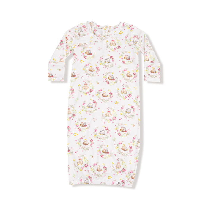 Floral Owl Families bamboo baby gown with ruffle collar, long sleeves, and elastic bottom, featuring pink and green floral owl print.