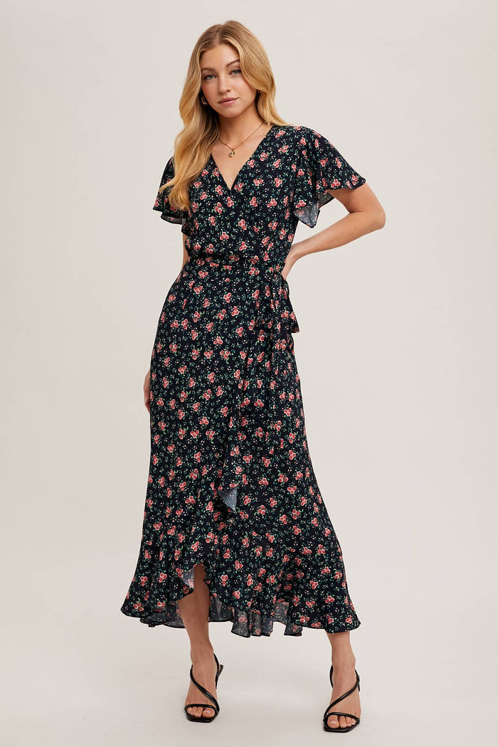 FLORAL PRINT RUFFLED HEM WRAP MAXI DRESS