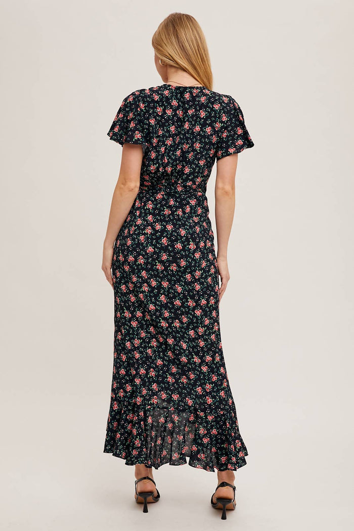 FLORAL PRINT RUFFLED HEM WRAP MAXI DRESS