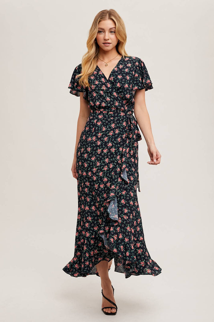 FLORAL PRINT RUFFLED HEM WRAP MAXI DRESS