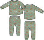 Kids loungewear set with pumpkin print on sage green, long sleeve top and matching pants for fall