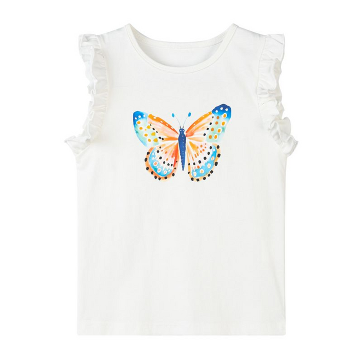Girls Freya butterfly top with ruffle sleeves and colorful butterfly graphic on white tank
