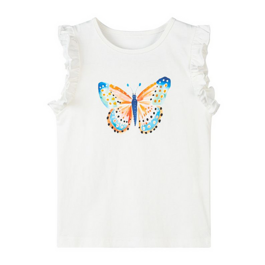 Girls Freya butterfly top with ruffle sleeves and colorful butterfly graphic on white tank
