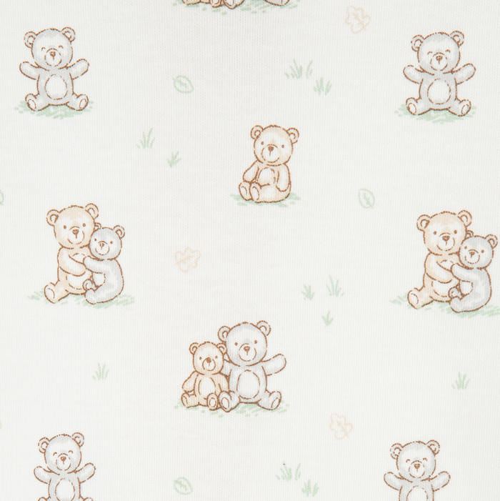 Close-up of the teddy bear print on the baby sleeper featuring adorable bears in various poses with soft beige outlines and subtle sage green details.