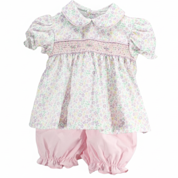 Girls Garden Bloom smocked dress set with pastel floral print, Peter Pan collar, hand-smocked bodice, and pink bloomers