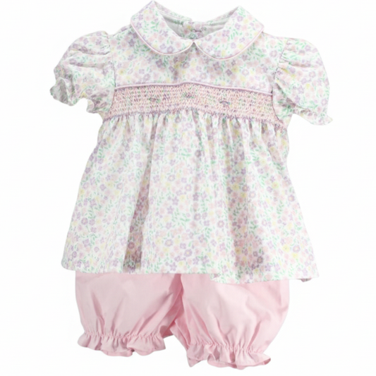 Girls Garden Bloom smocked dress set with pastel floral print, Peter Pan collar, hand-smocked bodice, and pink bloomers