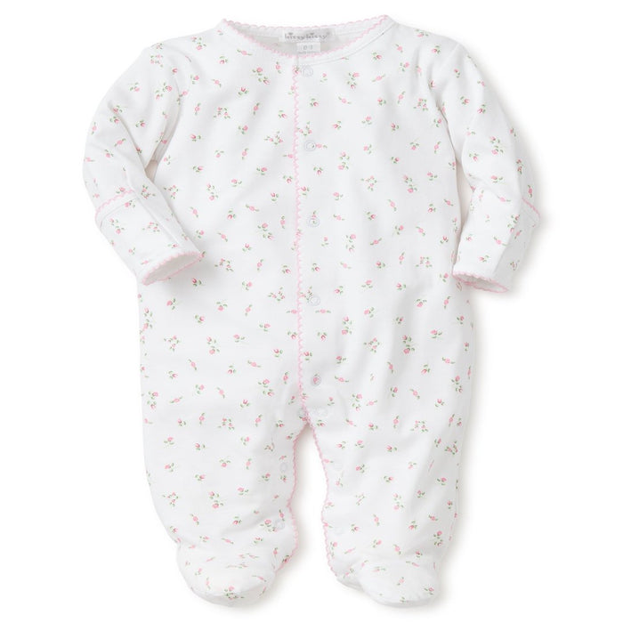 white footie with a pink floral print.