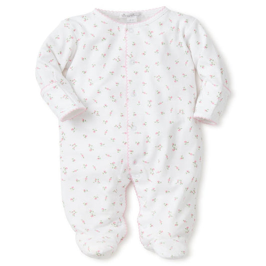 white footie with a pink floral print.
