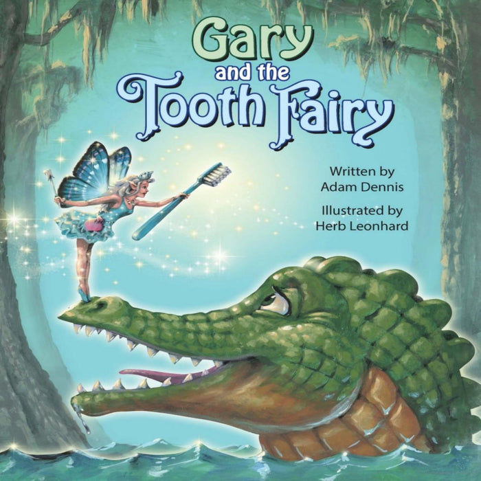 Book called Gary and the Tooth Fairy cover with an alligator and the tooth fairy