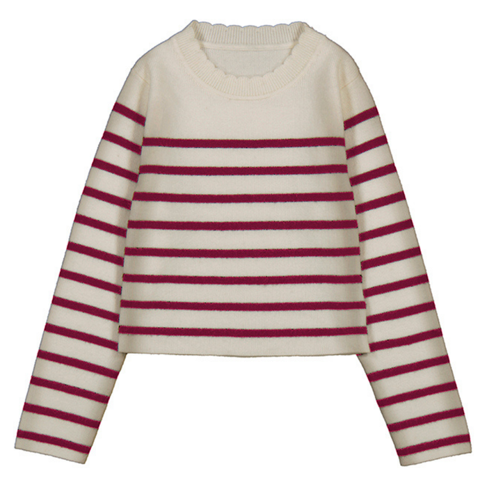 Girls’ almond-colored knit sweater with horizontal berry stripes and a ribbed crew neck and cuffs
