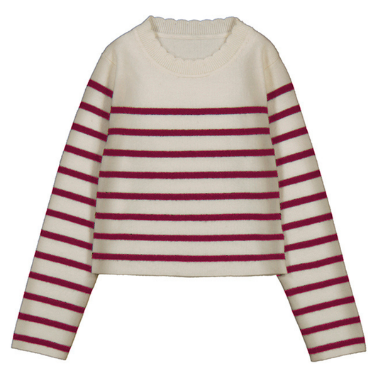 Girls’ almond-colored knit sweater with horizontal berry stripes and a ribbed crew neck and cuffs