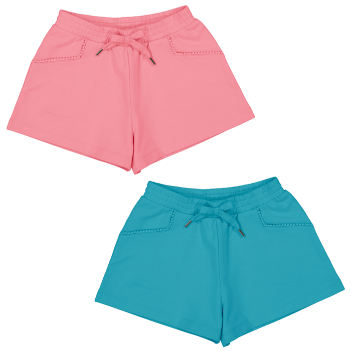 Girls knit elastic waist shorts with chenille trim pockets in geranium pink and pacific blue