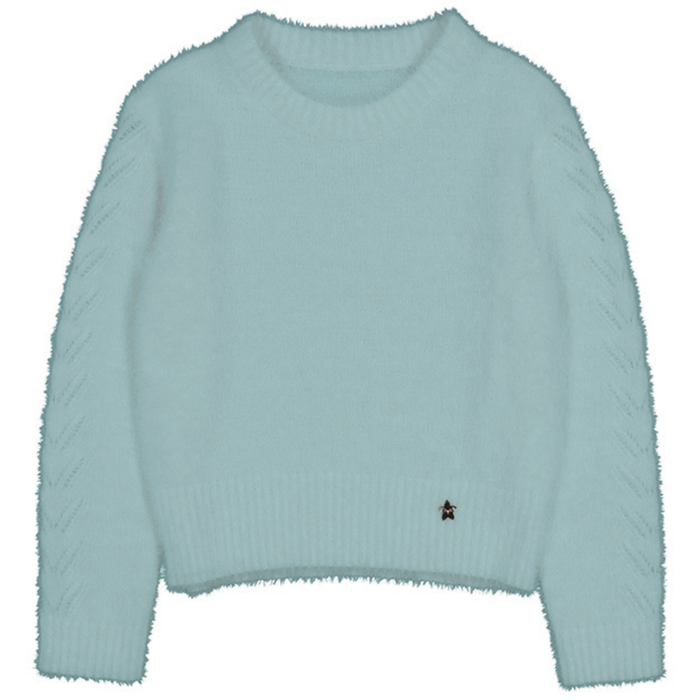 Light blue girls’ fuzzy knit sweater with ribbed trim and textured detailing on the sleeves