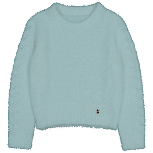 Light blue girls’ fuzzy knit sweater with ribbed trim and textured detailing on the sleeves