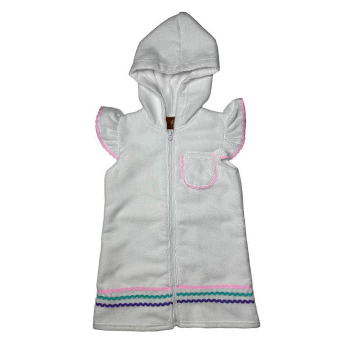 bathing suit cover up with pink ruffle sleeves and a pocket on the front.