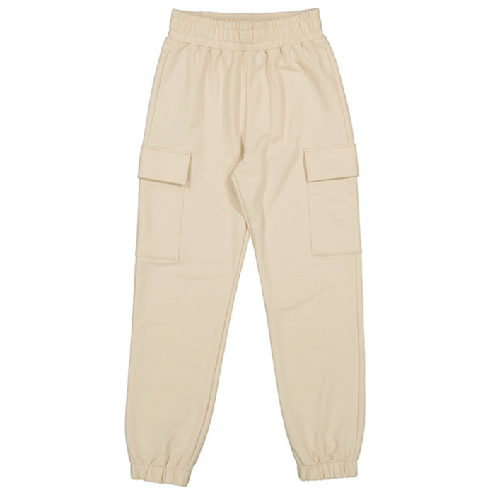 Girls’ sand-colored cargo jogger pants with elastic waistband, large side pockets, and elastic ankle cuffs