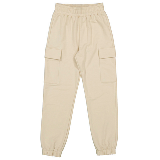 Girls’ sand-colored cargo jogger pants with elastic waistband, large side pockets, and elastic ankle cuffs