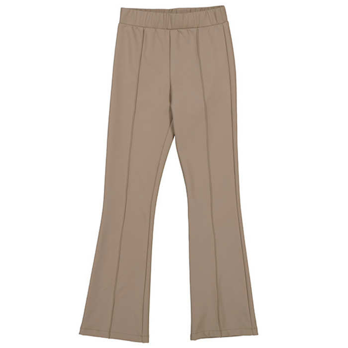 Girls’ taupe-colored flared leggings with front seam details and elastic waistband