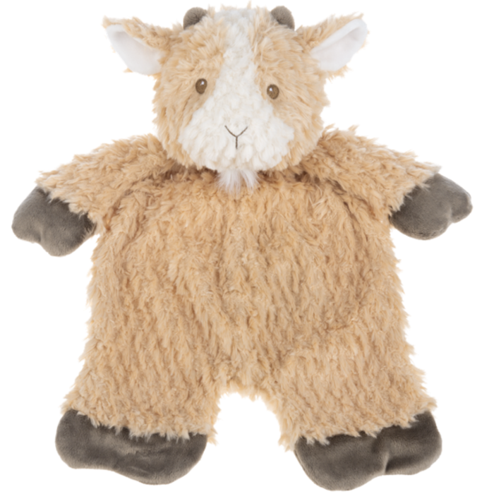 Tan flat-a-pat goat plush with soft textured fabric, small horns, floppy arms and legs, and an embroidered face.