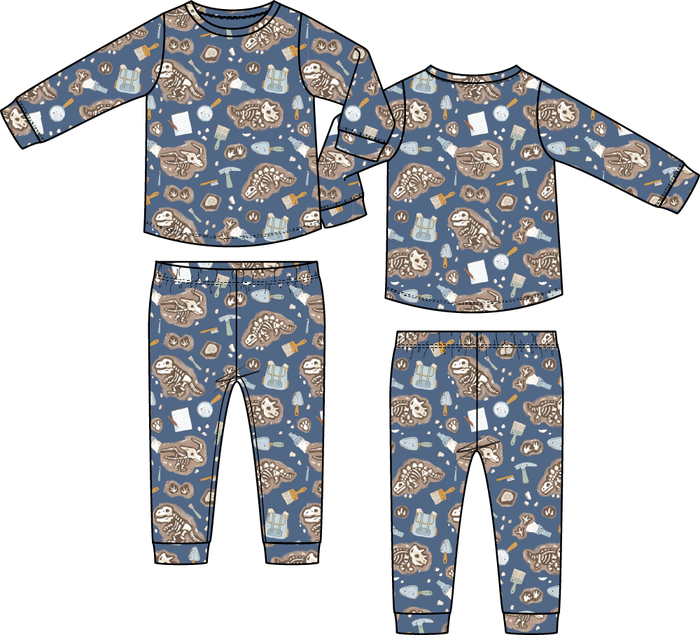 Kids glow in the dark dinosaur loungewear set with fossil print, long sleeve top and matching pants