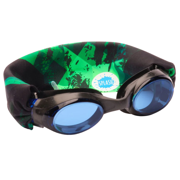 Kids green and black swim goggles with blue tinted lenses and graphic stretch strap on white background.