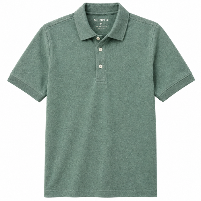 Boys sage green short sleeve Pima cotton polo shirt with collar and button placket on white background