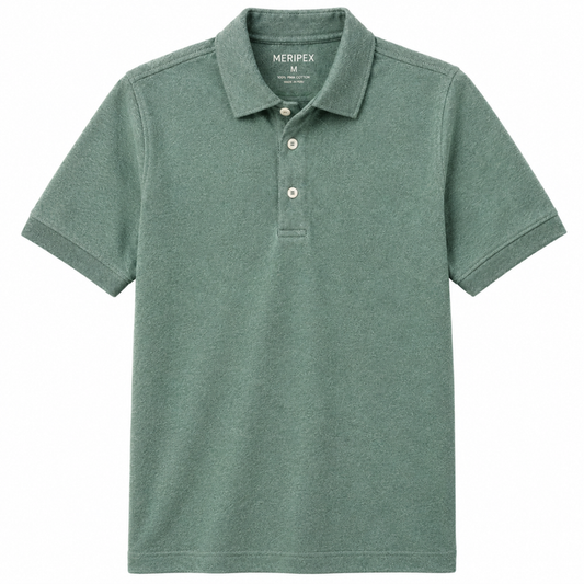 Boys sage green short sleeve Pima cotton polo shirt with collar and button placket on white background