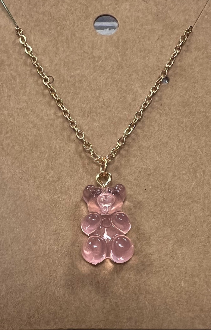 pink acrylic gummi bear necklace on 16" gold filled chain