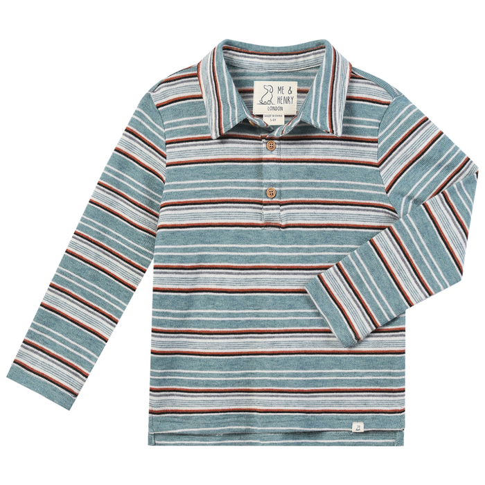 Boys blue striped long sleeve knit polo shirt with collar and buttons on a white background.