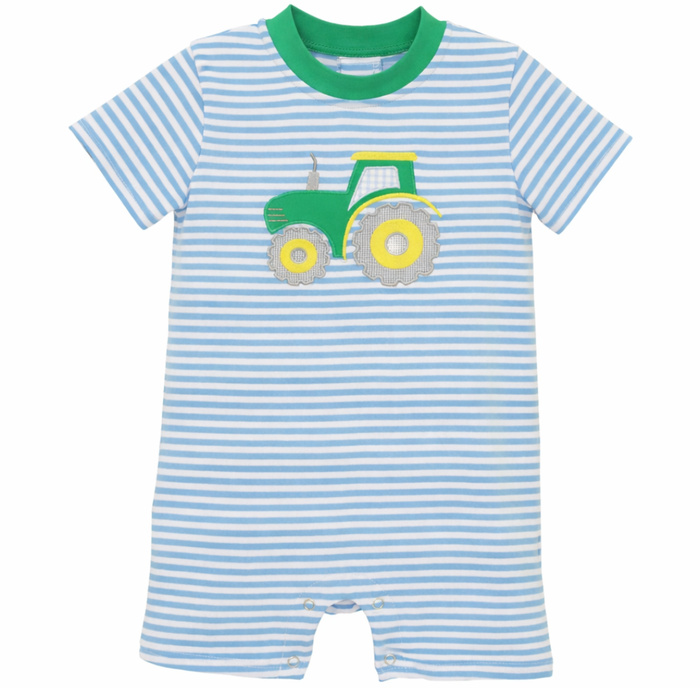 Baby boy blue and white striped romper with green tractor appliqué, short sleeves, and snap closures on white background.