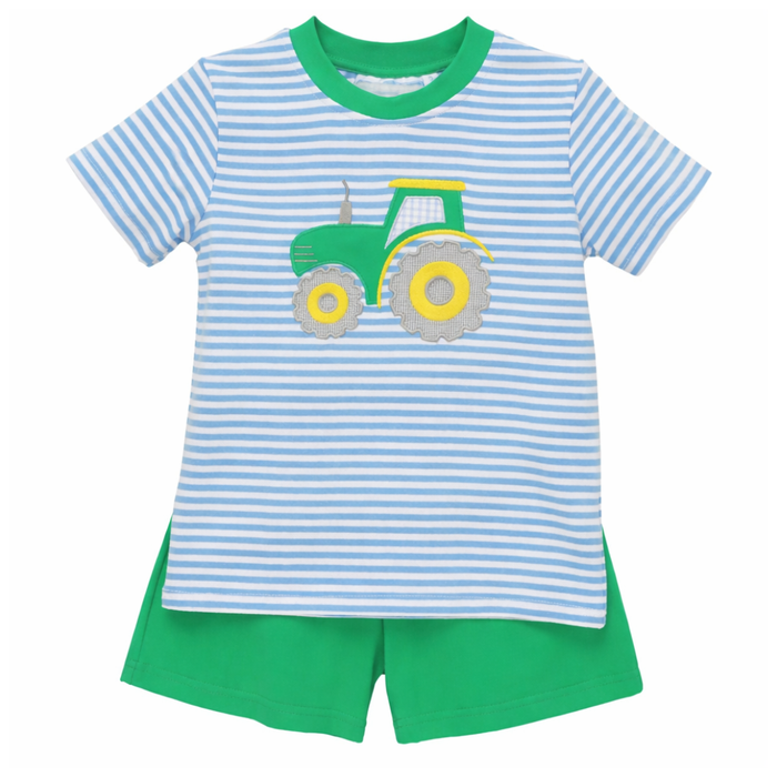 Boys blue and white striped shirt with green tractor appliqué paired with solid green shorts on a white background.