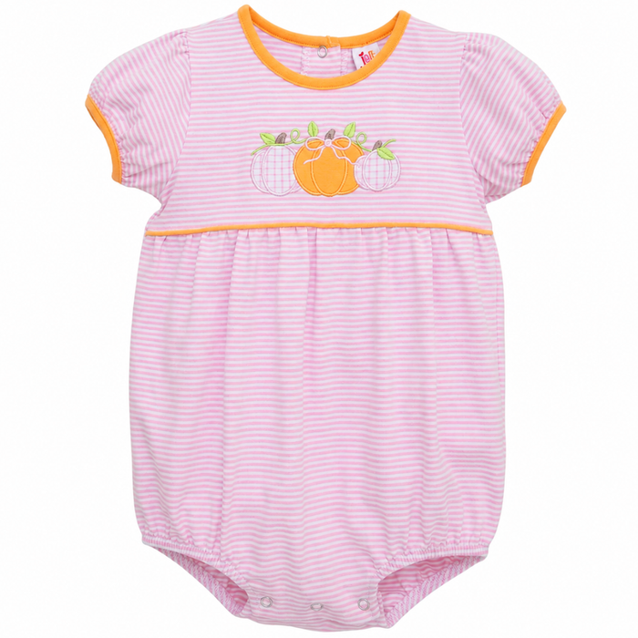 Pink and white striped baby romper with orange trim and a pumpkin applique on the chest, shown on a plain white background.