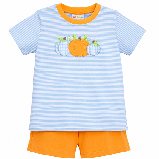 JellyBean boys harvest trio pumpkin appliqué short set with blue stripe tee and orange shorts