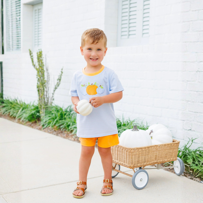 little boy in a light blue and white stripe shirt with pumpkin trio applique and orange shorts