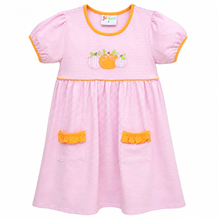 pink and white stripe short sleeve dress with orange trim and ruffle pockets
